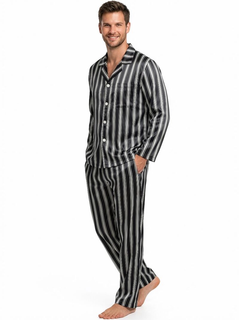 100% mulberry Silk Men's Stripe Print Long Sleeve Pajamas Set with Notch Collar - Image 2