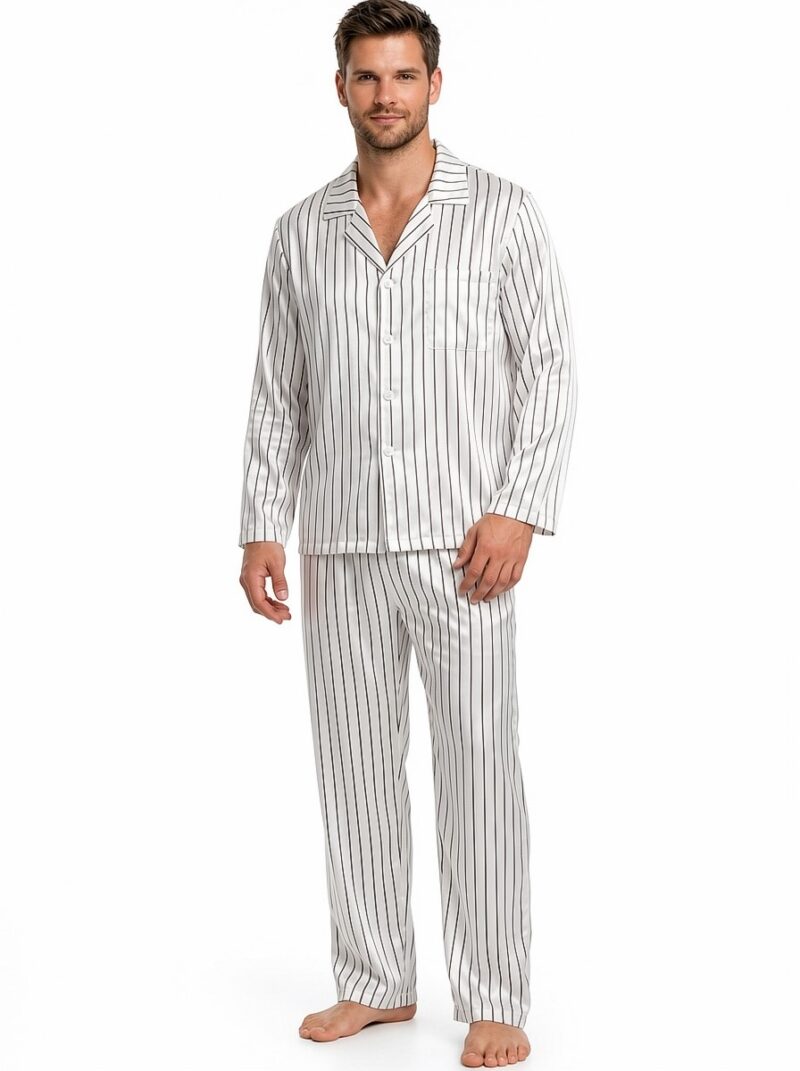 100% mulberry Silk Men's Stripe Print Long Sleeve Pajamas Set with Notch Collar - Image 3