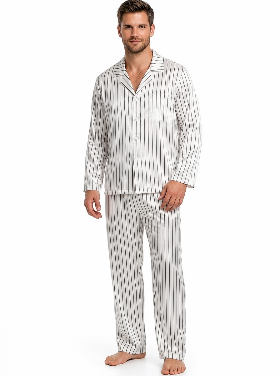 100% mulberry Silk Men's Stripe Print Long Sleeve Pajamas Set with Notch Collar - Image 3