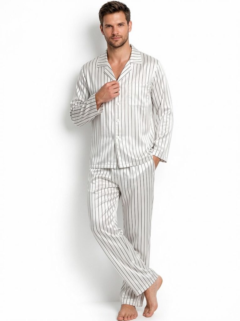 100% mulberry Silk Men's Stripe Print Long Sleeve Pajamas Set with Notch Collar