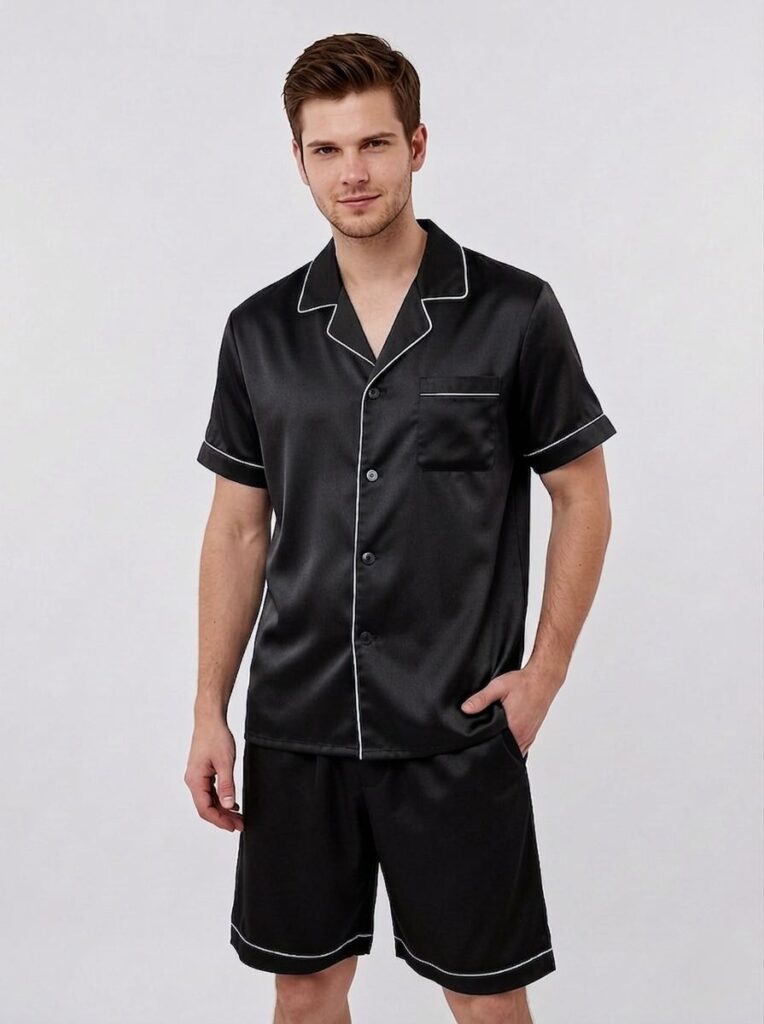 100% mulberry Silk Notch Collar Men's silk Short Pajamas Set