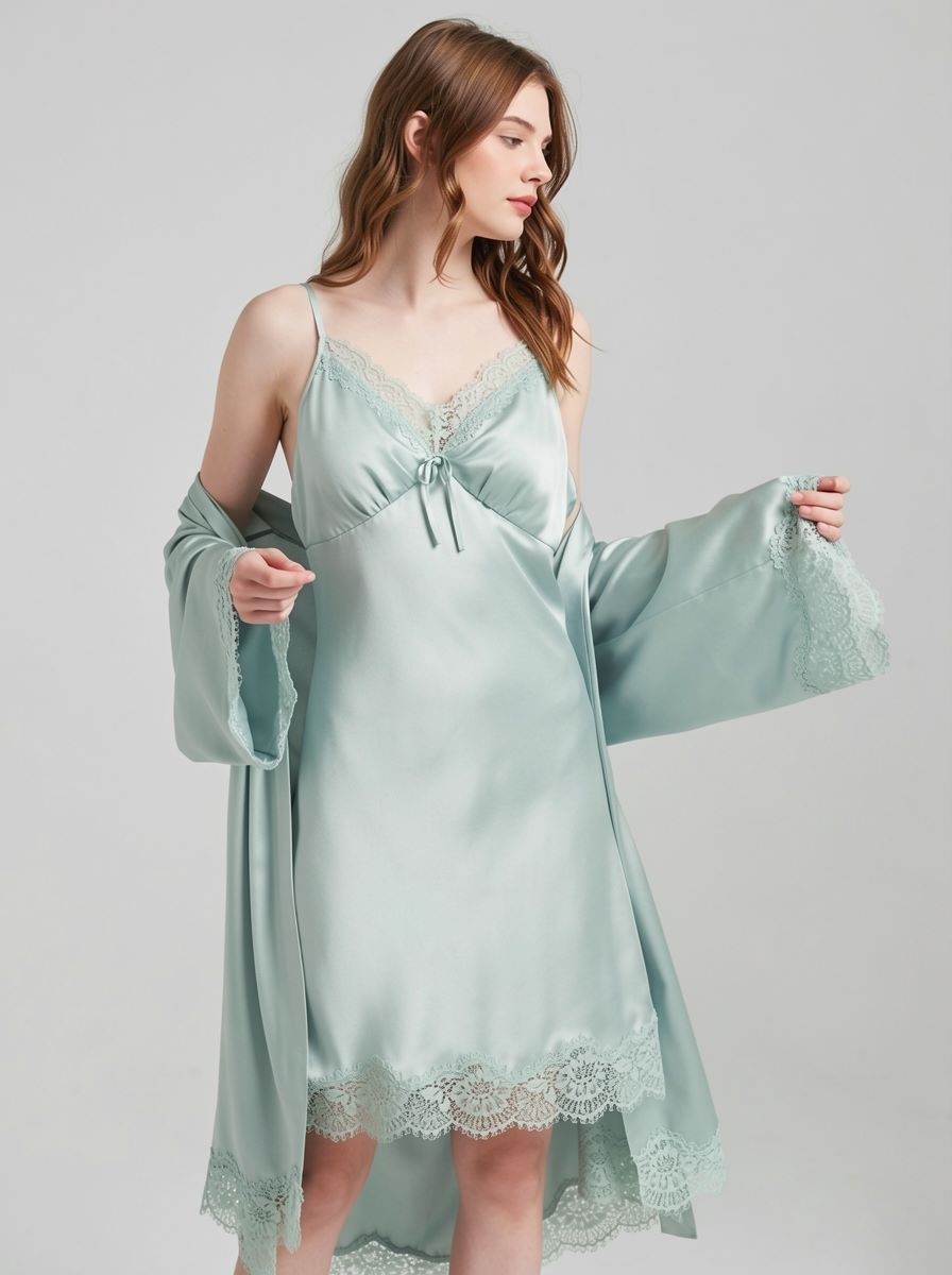 100% Mulberry Silk V Neck Lace Short Nightgown&Robe Set, silk charmeuse - Image 6