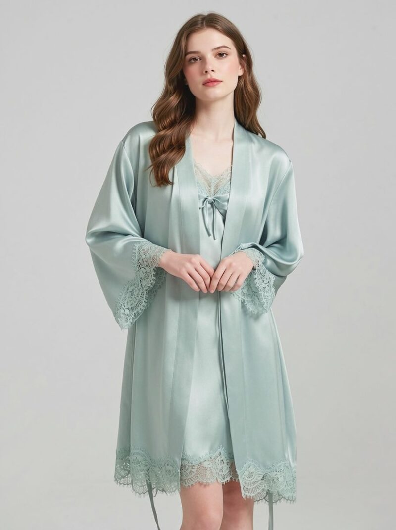 100% Mulberry Silk V Neck Lace Short Nightgown&Robe Set, silk charmeuse - Image 10