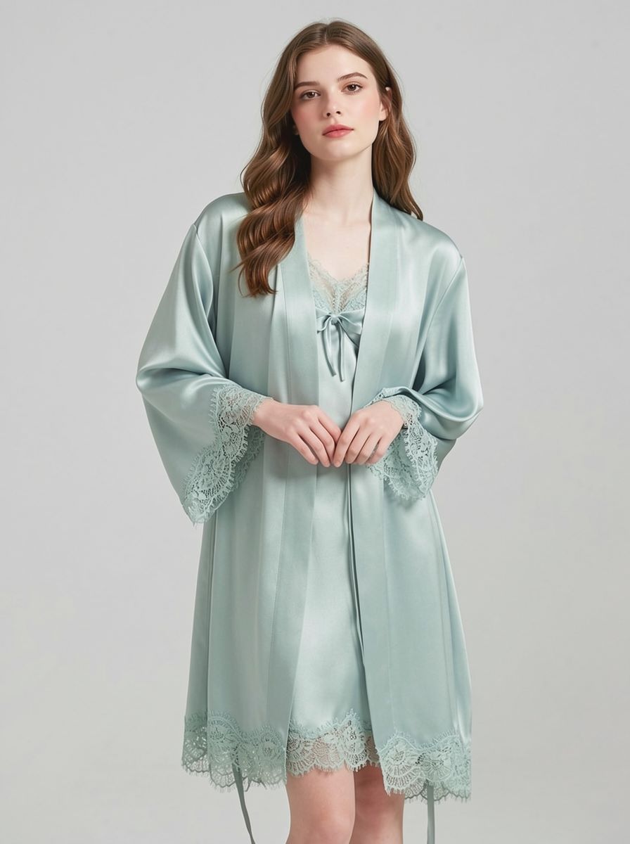 100% Mulberry Silk V Neck Lace Short Nightgown&Robe Set, silk charmeuse - Image 10