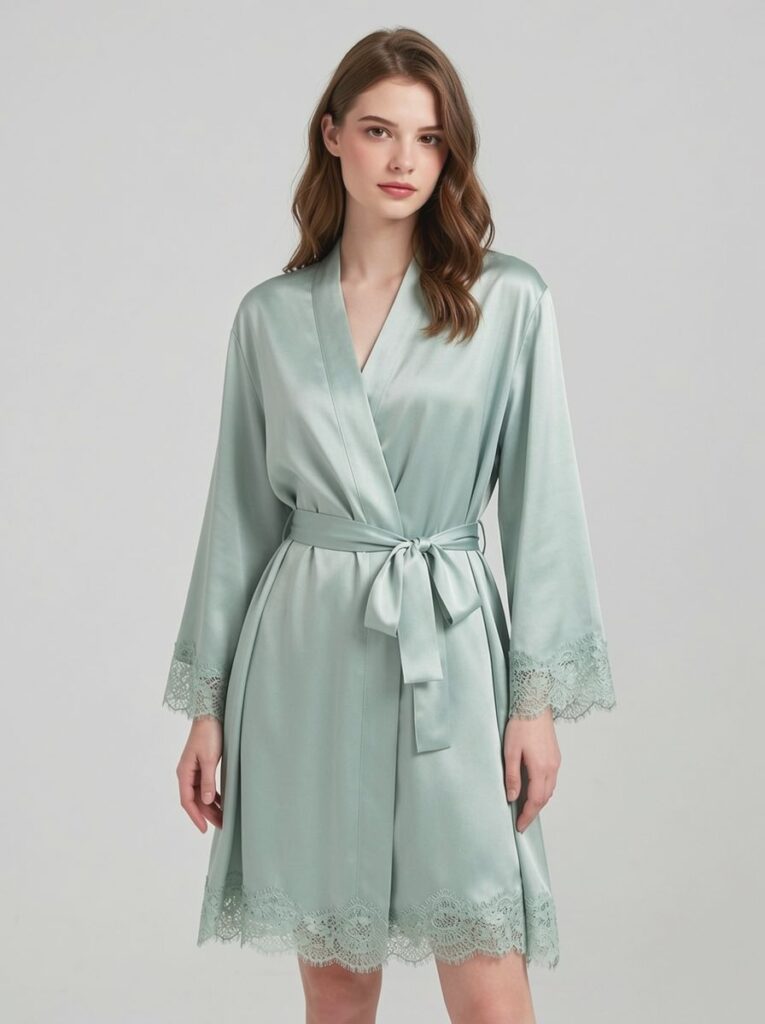 100% Mulberry Silk V Neck Lace Short Nightgown&Robe Set, silk charmeuse