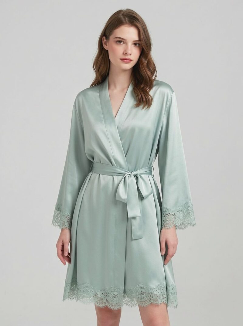 100% Mulberry Silk V Neck Lace Short Nightgown&Robe Set, silk charmeuse