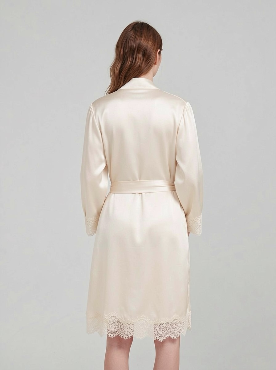 100% Mulberry Silk V Neck Lace Short Nightgown&Robe Set, silk charmeuse - Image 2