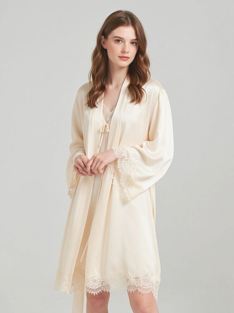 100% Mulberry Silk V Neck Lace Short Nightgown&Robe Set, silk charmeuse - Image 4