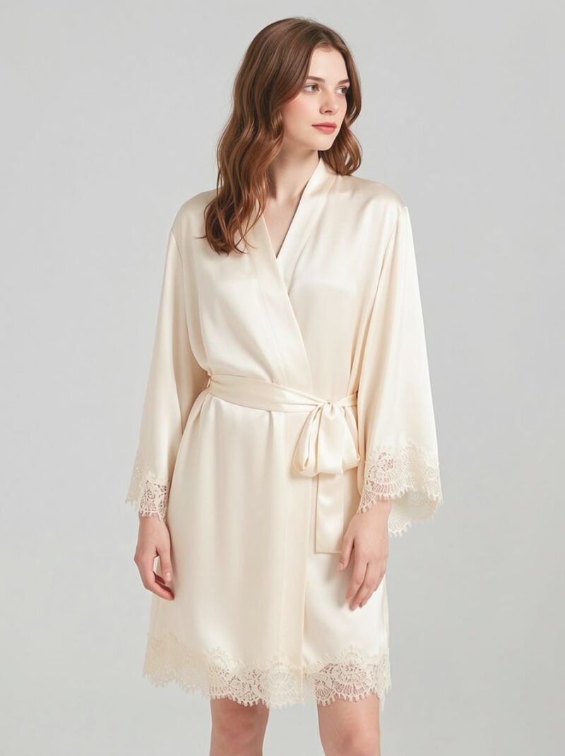 100% Mulberry Silk V Neck Lace Short Nightgown&Robe Set, silk charmeuse - Image 7
