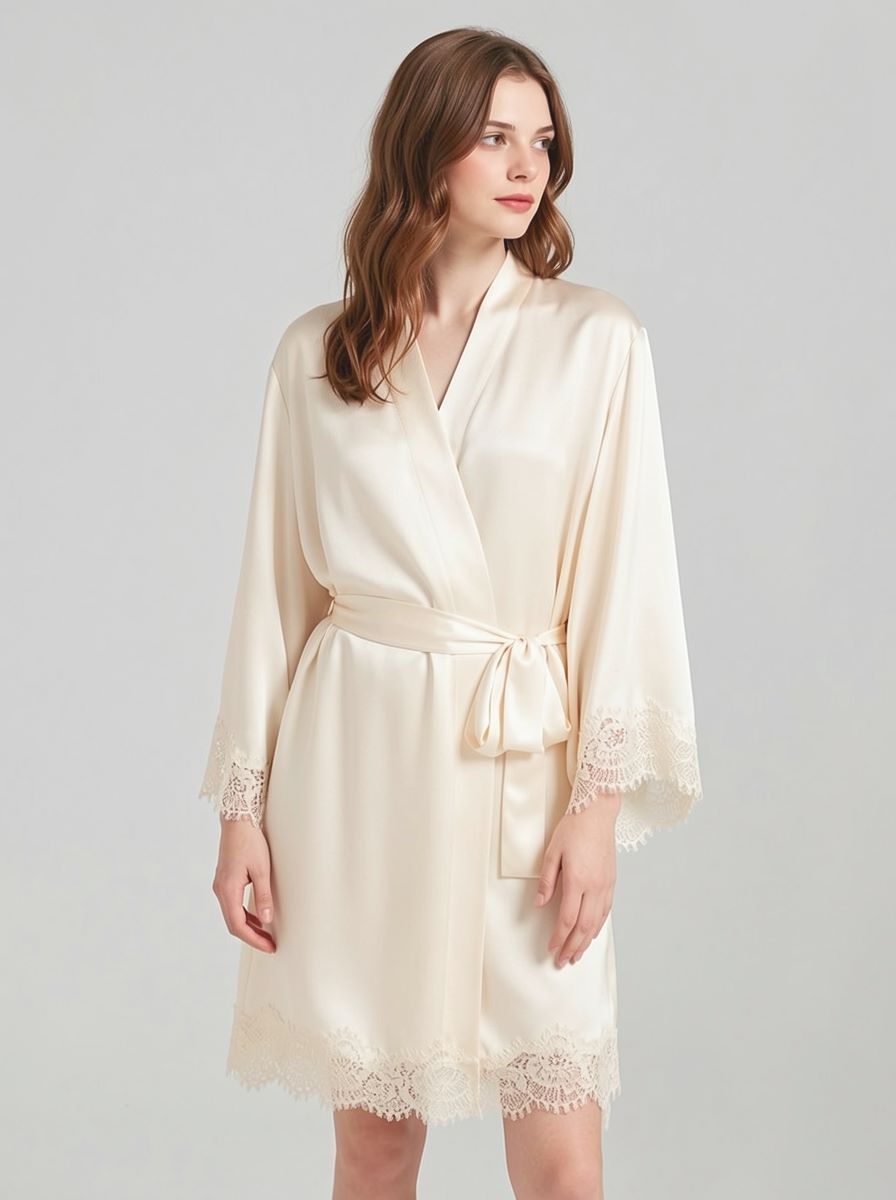 100% Mulberry Silk V Neck Lace Short Nightgown&Robe Set, silk charmeuse - Image 7
