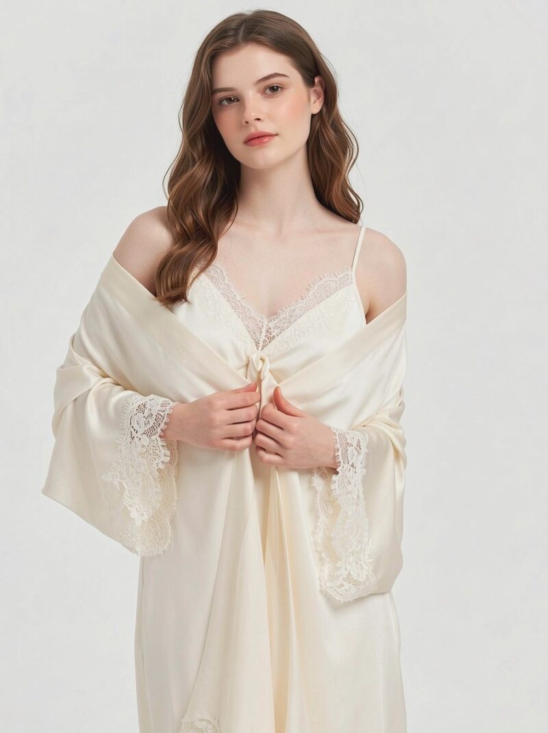 100% Mulberry Silk V Neck Lace Short Nightgown&Robe Set, silk charmeuse - Image 9