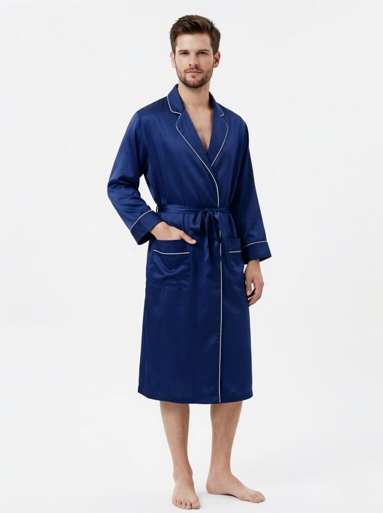 100% mulberry Silk Men's Contrast Piping Belted Robe